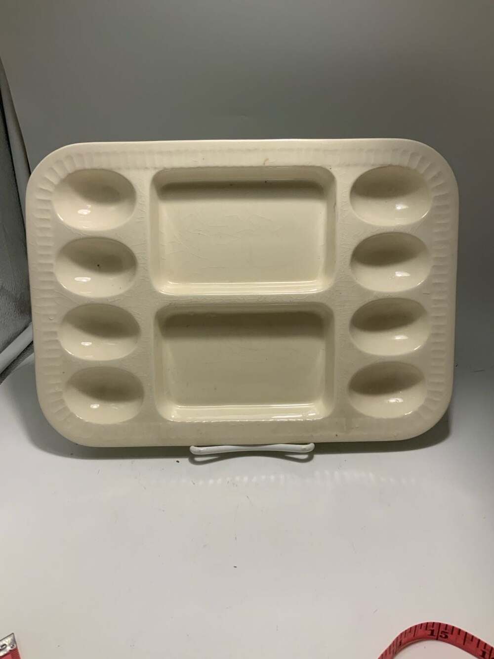Vintage USA Cream Ceramic Deviled Egg Tray Divided Platter 1502